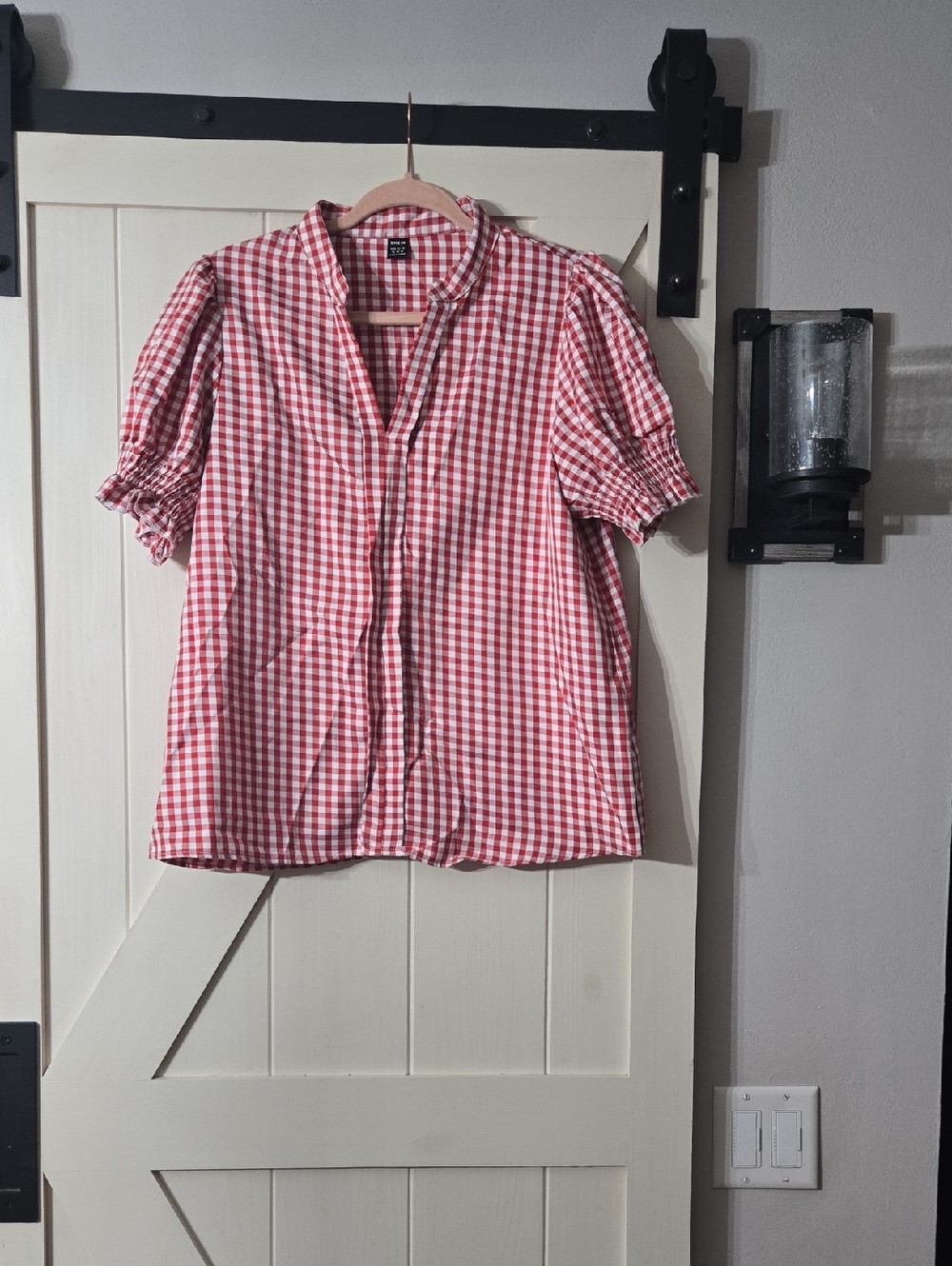 SHEIN Red Gingham Puff Sleeve Button-Up Blouse